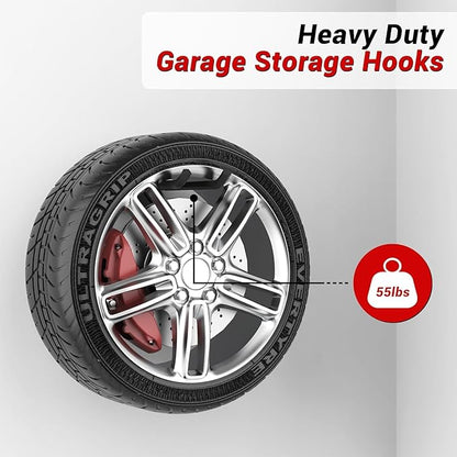 Ultrawall Garage Storage Hooks, Heavy Duty Steel Tool Organizer, 12.4 Inch Wall Mount Hangers Racks for Car Tires, Ladders, Chairs, Ropes and Garden Tools, 4 Pack