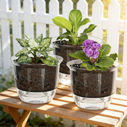Self Watering Pots, 3 Pack 5 Inch Clear Plant Pot Self Watering Planter Flowers Pot with Deep Reservoir for Indoor Plants (3 Medium)