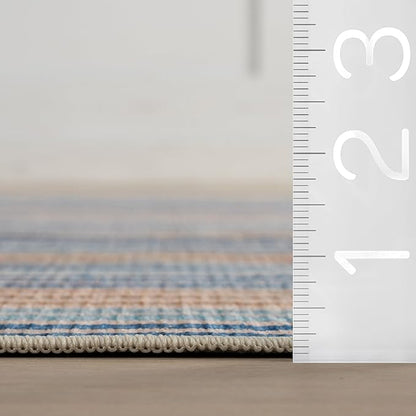 Dash & Albert Tyne Blue Machine Washable Rug, 2 X 3 Feet, Blue/Tan Stripe Pattern
