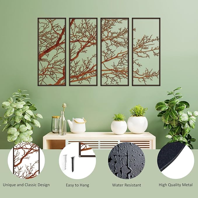 ESTART 4 Pieces Tree of Life Metal Wall Decor, Colorful Tree Branch Metal Wall Art, Tree Sign Wall Hangings for Home Garden Office Living Room Indoor Outdoor (Colorful, Large)