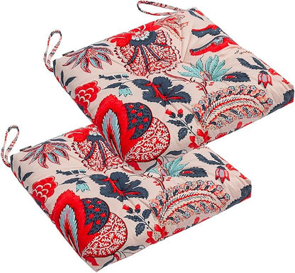 2-Pack Outdoor/Indoor Wicker Patio Seat Cushion Pad with Ties - Dining Chair Cushion, 17" x 17" (Blue and Red Leaves)