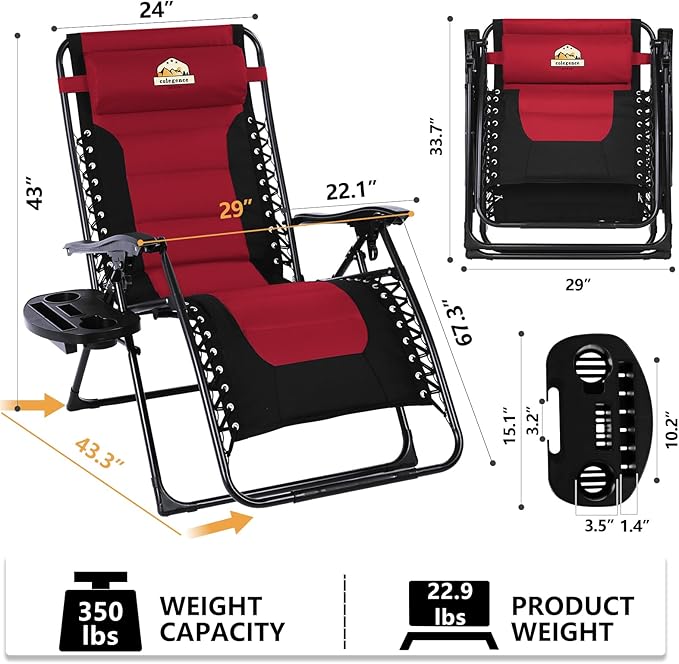 Oversized Padded Zero Gravity Lounge Chair Set of 2, Foldable Patio Anti Gravity Reclining Chairs Folding Lawn Recliner with Cup Holder for Yard, Camping, Outdoor, Support 350 LBS, Burgundy