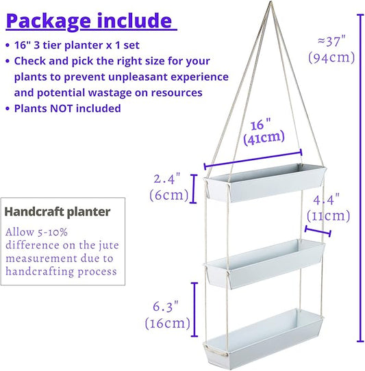LaLaGreen Hanging Wall Planter - 16 Inch Three Tier Plant Hanger for Succulent Indoor Herb Planter Modern White Boho Metal Wall Plant Holder Decor, Vertical Garden Hanging Planter Shelf Large Outdoor