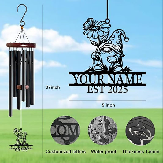 Personalized Customize Name Gnome Wind Chime, Metal Iron 37 Inch Outdoor Memorial Gift for Garden Yard Patio Home Decor, Black，Christmas (Style A)