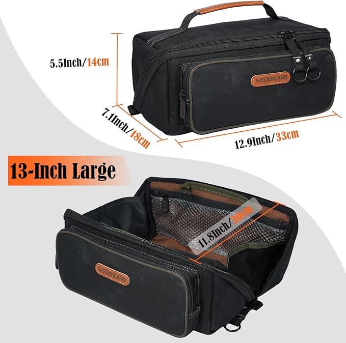 WELKINLAND LayFlat Tool Pouch Organizer, 13-Inch Small Tool Bag, Heavy-Duty Waxed Canvas Tool Pouch, 5-Pocket Small Tool Bags with Zipper, Wide-Open Electrician Tool Bag