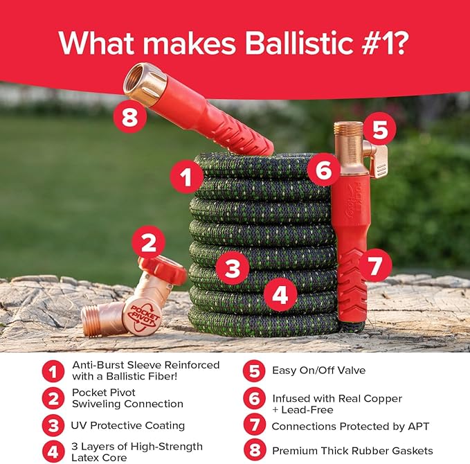 Pocket Hose Ballistic Double UV Edition 50 FT Expandable Garden Hose w/Pocket Pivot Swivel Connector, Anti-Burst Sleeve Reinforced w/Bulletproof Fiber, Lightweight, No-Kink, Compact, AS SEEN ON TV