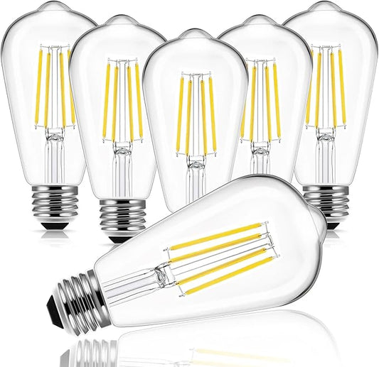HESSION Vintage LED Edison Bulb, 6-Pack ST58 6W, Equivalent 60W Neutral Natural Light 4000K E26 Medium Base Antique Vintage Style, Clear Glass Filament Edison Light Bulbs with 90+CRI, Dimmable.