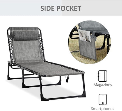 Outdoor Lounge Chair, Tanning Chair with Sunshade Roof, Adjustable Backrest Folding Chaise Lounge with Pillow Headrest for Outside, Beach, Camping, Hiking (No Sunshade Roof, Light Gray)
