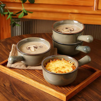 MONITO 26 Oz French Onion Soup Bowls, Ceramic Soup Bowls with Handles, Stackable Soup Crocks, Oven/Microwave/Dishwasher Safe, for Cereal, Soups, Casseroles