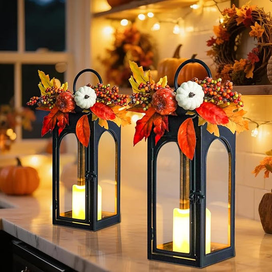 Thanksgiving Outdoor Decorations Lantern 2Pack, Fall Decorations for Home Waterproof 16" Battery Powered Decorative Lanterns Metal Hanging LED Candle Holder, Flameless Candle Lantern for Indoor