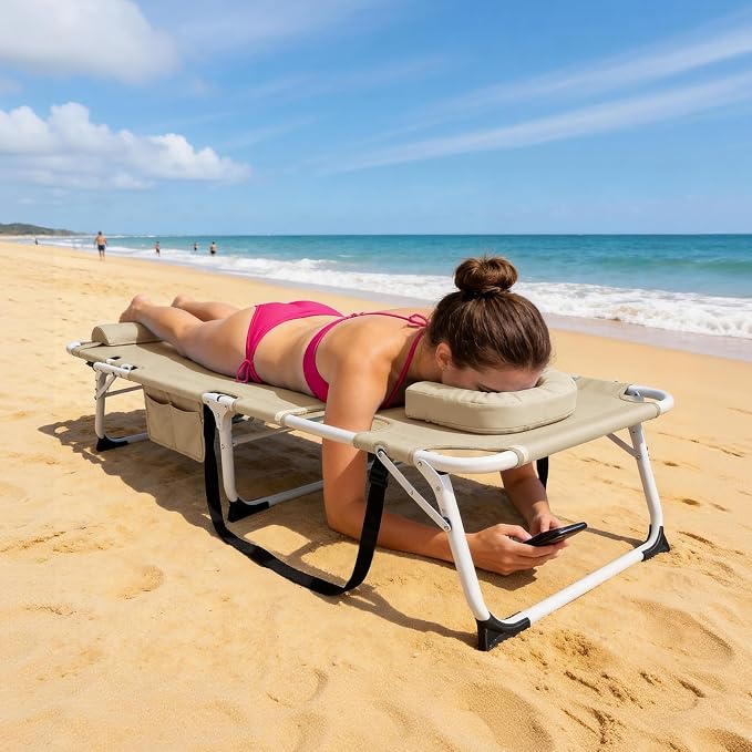 ABORON 3-in-1 Tanning Chair, 5-Position with Face and Arm Holes | 5-position reclining chair includes a removable mat, pillow, face hole and arm slots; folds flat for beach or patio use.