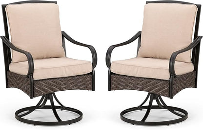 PHI VILLA Patio Swivel Chairs Set of 2, Heavy Duty Outdoor Metal Wicker Dining Chair with Padded Cushions, Large All Weather Wrought Iron Patio Chair for Deck Support 300lbs