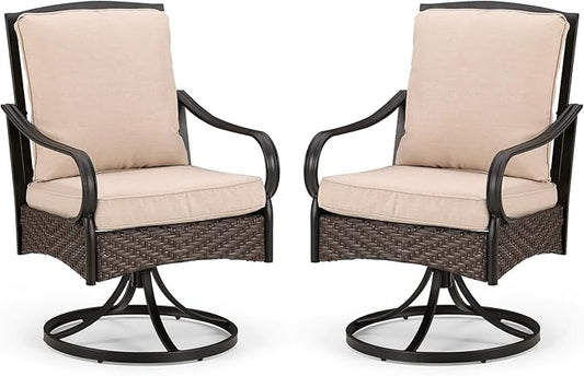 PHI VILLA Patio Swivel Chairs Set of 2, Heavy Duty Outdoor Metal Wicker Dining Chair with Padded Cushions, Large All Weather Wrought Iron Patio Chair for Deck Support 300lbs