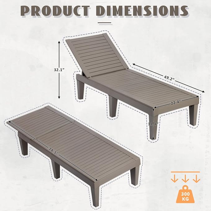 Outdoor Lounge Chairs Set of 4, 5-Position Adjustable Tanning Chairs with Wood Grain, All-Weather Resin Patio Recliners for Pool, Garden, Deck, Beach, Patio Lounge Chairs, Texture Grey