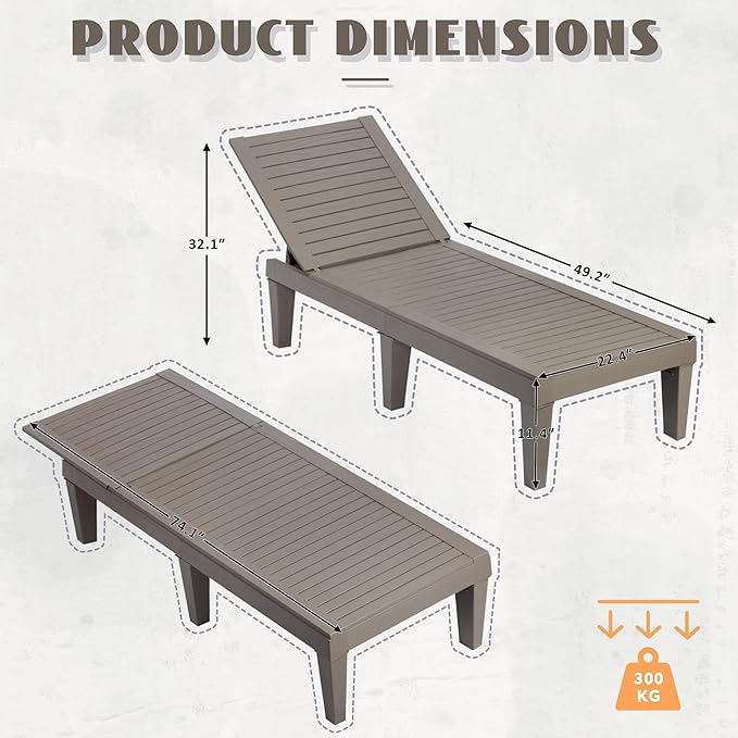 Outdoor Lounge Chairs Set of 2, 5-Position Adjustable Tanning Chairs with Wood Grain, All-Weather Resin Patio Recliners for Pool, Garden, Deck, Beach, Patio Lounge Chairs, Texture Grey