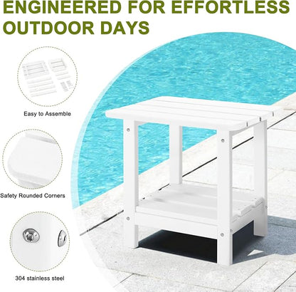 Adirondack Outdoor Side Table, 2-Tier Small Patio End Table, Weather Resistant HDPE Outdoor End Tables for Garden, Lawn, Pool, Beach, Porch, Deck, Backyard - Square, White