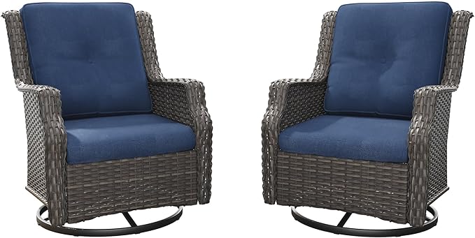 Swivel Patio Chair Outdoors - 360 Degree, Set of 2, Glider Chair with 3.5" Olefin Fabric Cushions (Mixed Grey Rattan/Navy)