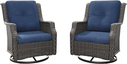Swivel Patio Chair Outdoors - 360 Degree, Set of 2, Glider Chair with 3.5" Olefin Fabric Cushions (Mixed Grey Rattan/Navy)