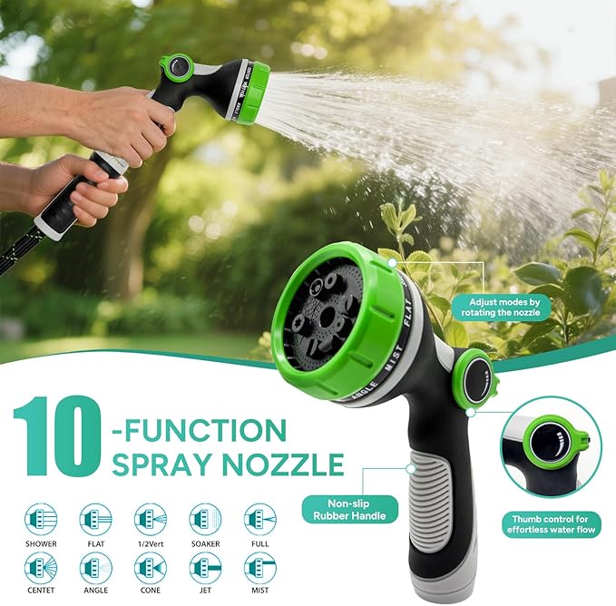Garden Hose 25FT, Flexible Lightweight Non-Expandable Water Hose with 10 Function Nozzle, No-Kink, Leak-Proof, Burst-Resistant, High-Pressure for Yard, Outdoor
