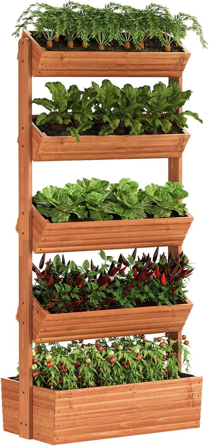 Vertical Wooden Raised Garden Bed, Garden Planters Freestanding Wood Plant Stand Flower Rack Wooden Planter Box for Plants Herbs Flowers Vegetables Outdoor Indoor Gardening (5-Tier Brown)