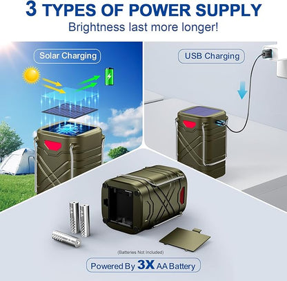 LETMY 4 Pack Camping Lantern, Rechargeable LED Lanterns, Solar Lantern Battery Powered Hurricane Lanterns Flashlight with 3 Powered Ways & USB Cable for Emergency, Power Outage, Hurricane Supplies