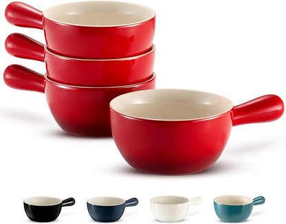 Kook French Onion Soup Crocks, Stackable Ceramic Bowls with Handles, Oven, Microwave and Dishwasher Safe, for Cereal, Soups, Casseroles, with Handle, Stoneware, 24 oz, Set of 4, Crimson Ombre