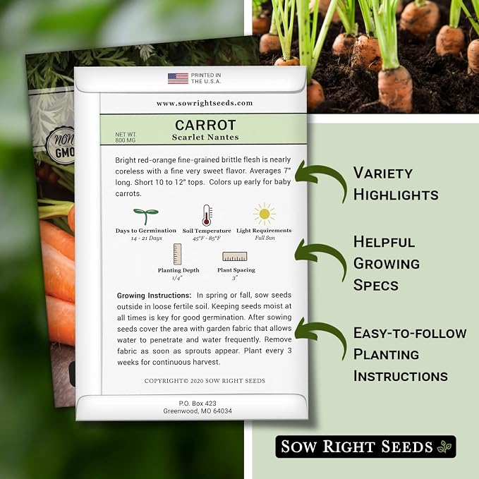 Sow Right Seeds - Scarlet Nantes Carrot Seed for Planting - Non-GMO Heirloom Packet with Instructions to Plant a Home Vegetable Garden - Indoors or Outdoor - Sweet and Vibrant Variety (2)