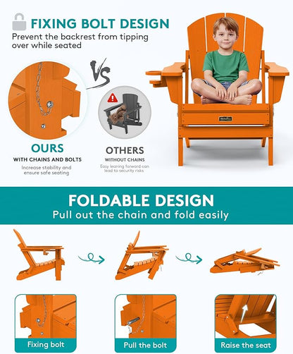 SERWALL Folding Adirondack Chair Set of 4, Weather Resistant HIPS Patio Chairs with Cup Holder for Patio Garden Outdoors Fire Pit Chairs- Orange