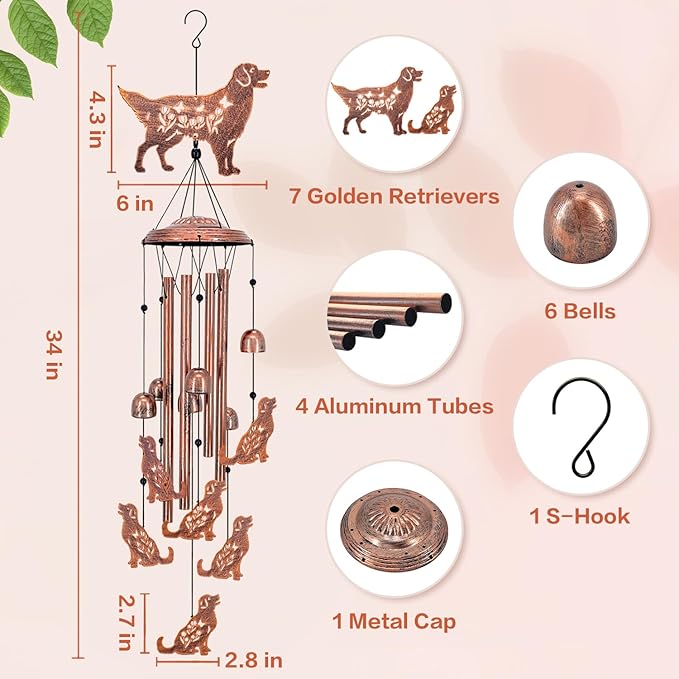 Golden Retriever Dog Wind Chimes Outdoor Dog Gifts for Women Mom Men Dad Unique Birthday Metal WindChimes for Outside/Indoors, Patio, Lawn, Yard, Home Decor, Outdoor Decor, Garden Decorations