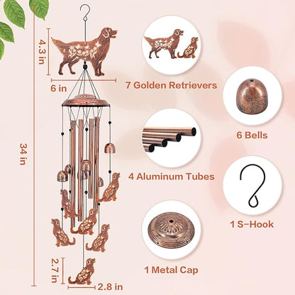 Golden Retriever Dog Wind Chimes Outdoor Dog Gifts for Women Mom Men Dad Unique Birthday Metal WindChimes for Outside/Indoors, Patio, Lawn, Yard, Home Decor, Outdoor Decor, Garden Decorations