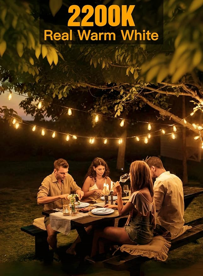 Ollny 50FT Outdoor String Lights, Shatterproof Connectable Patio Lights with 25+2 Spare ST38 Vintage Bulbs, 2200K Warm White Waterproof Outside Hanging Light for Camping Yard Gazebo Porch Balcony