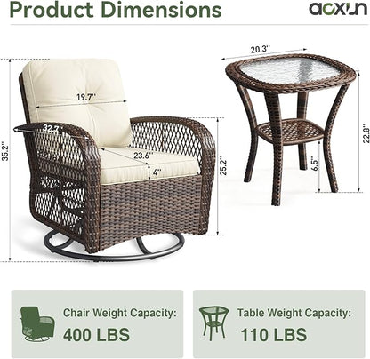 Aoxun 3 Pieces Patio Furniture Set, Patio Swivel Rocker Chairs Set of 2, Wicker Outdoor Bistro Set with Rocking Chair, Thickened Cushions and Table for Porch (Beige)