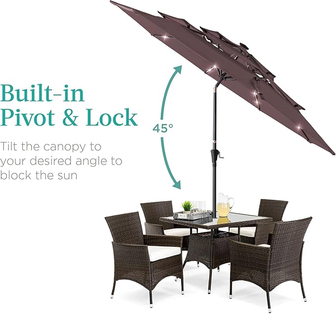 Best Choice Products 10ft 3-Tier Solar Patio Umbrella, Outdoor Market Sun Shade for Backyard, Deck, Poolside w/ 24 LED Lights, Tilt Adjustment, Easy Crank, 8 Ribs - Deep Taupe