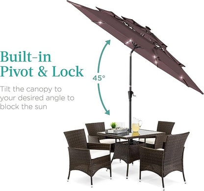 Best Choice Products 10ft 3-Tier Solar Patio Umbrella, Outdoor Market Sun Shade for Backyard, Deck, Poolside w/ 24 LED Lights, Tilt Adjustment, Easy Crank, 8 Ribs - Deep Taupe