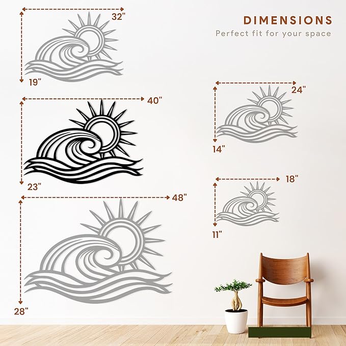 Wita Home Ocean Wave Metal Wall Art, Sun Beach Decor, Coastal Large Wall Sculpture for Home, Indoor/Outdoor Use, Nautical Wall Hanging, Eye-Catching Addition to Living Room (Black, 40 x 23 inches)