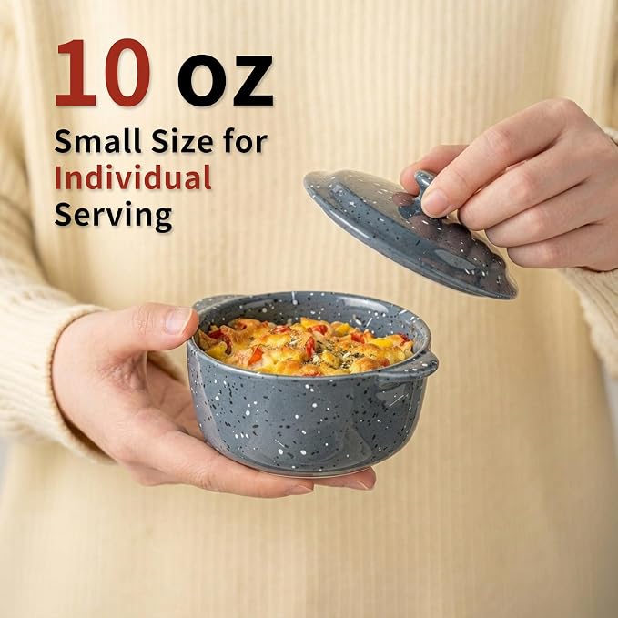 Individual Serving Pot Set of 4-10 Oz Ceramic Mini Cocotte with Handles & Lids - Great for Souffle, Soup, Cobbler, Stoneware Baking Ramekins, Oven Compatible,Gray