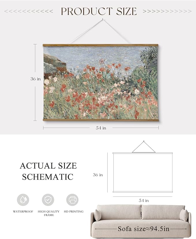 ARPEOTCY Extra Large Vintage Framed Wall Art, 36x54 Inch Retro Seaside Wildflower Hanging Framed Canvas Print Artwork, Rustic Landscape Living Room Decor, Farmhouse Above Bed Wall Decor