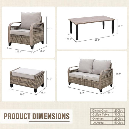 Modern Wicker Patio Furniture Set, Rattan Outdoor Conversation Set with Comfortable Cushions, 2 Patio Chairs, 2 Seat Loveseat, 2 Ottomans and Coffee Table, 6 Pieces, Brown/Gray