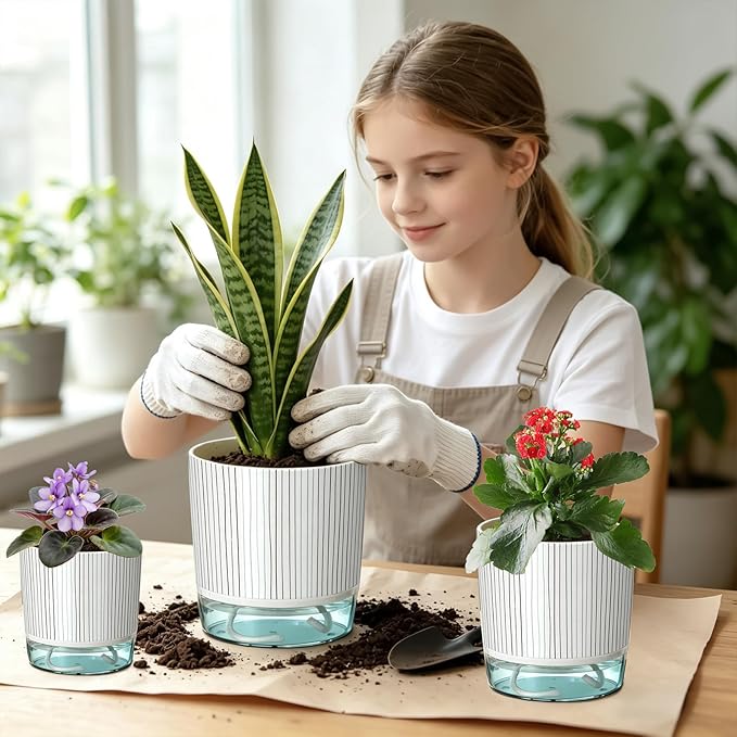 3 Pack Self Watering Pots for Indoor Plants, 4+5.5+6.3 Inch Self Watering Plant Pots, Flower Pots with Wick Rope and Reservoir - Black Stripes