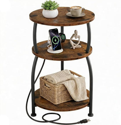 Round Side Table with Power Outlet & USB Ports, 3-Tier End Table with Storage Shelf, 15.7" Wide Nightstand for Small Spaces, Tall Bedside Table Capable of Charging Laptops & Phones, Rustic Brown