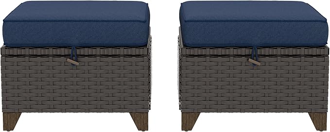 2 Pieces Patio Outdoor Ottomans with Removable and Washable Covers，PE Rattan Wicker Footstools for Porch, Garden, Sunroom (Navy Blue)