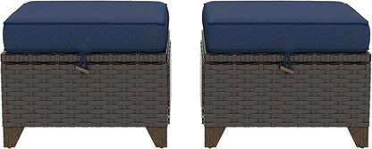 2 Pieces Patio Outdoor Ottomans with Removable and Washable Covers，PE Rattan Wicker Footstools for Porch, Garden, Sunroom (Navy Blue)