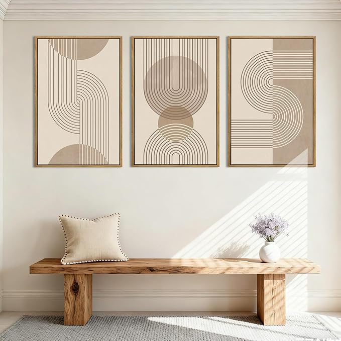 Anyzal Extra Large Boho Neutral Abstract Framed Wall Art 24x36 Inch Beige Modern Minimalist Canvas Wall Decor Mid-century Geometric Artwork for Living Room Bedroom Set of 3