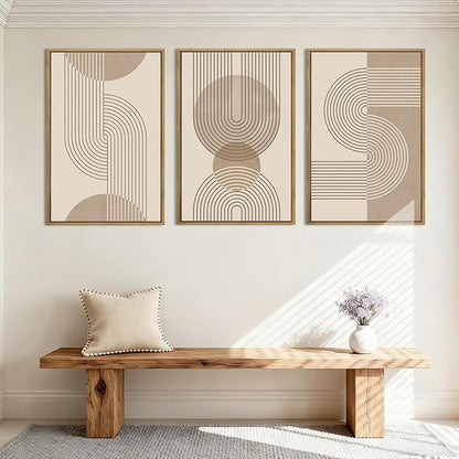 Anyzal Extra Large Boho Neutral Abstract Framed Wall Art 24x36 Inch Beige Modern Minimalist Canvas Wall Decor Mid-century Geometric Artwork for Living Room Bedroom Set of 3
