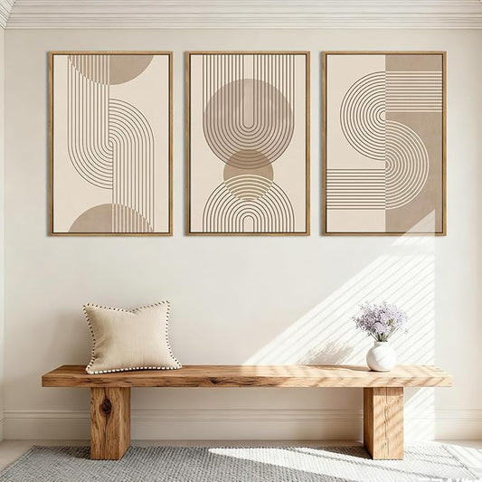 Anyzal Extra Large Boho Neutral Abstract Framed Wall Art 24x36 Inch Beige Modern Minimalist Canvas Wall Decor Mid-century Geometric Artwork for Living Room Bedroom Set of 3