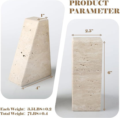 Karibiber Travertine Bookends for Heavy Books, Marble Decorative Bookends for Shelves, Heavy-Duty Stone Book Ends for Hardback Book & Cookbooks, Unique Book Stopper & Holder, Travertino Italy