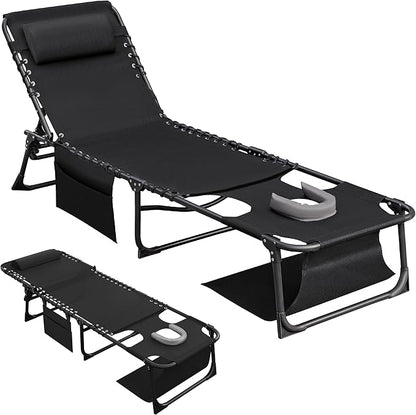 Flamaker Oversize Face Down Chaise Lounge Chair, 27 Inch Wide Foldable Outdoor Patio Chair, 5-Position Adjustable Tanning Chair with Face& Arm Holes for Sunbathing, Pool, Beach, Lawn (Black, 1 Pcs)