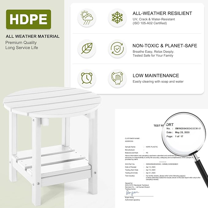 Set 2 Adirondack Outdoor Side Tables, 2-Tier Round Outdoor Table, Weather Resistant HDPE Patio End Table for Garden, Lawn, Pool, Beach, Porch, Deck, Backyard - White