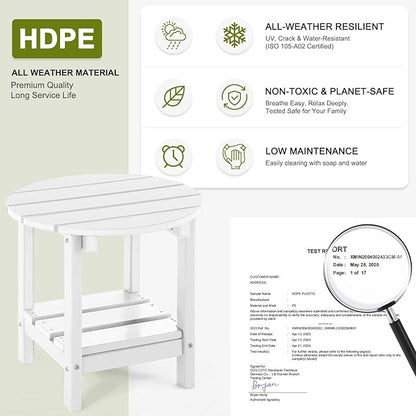 Set 2 Adirondack Outdoor Side Tables, 2-Tier Round Outdoor Table, Weather Resistant HDPE Patio End Table for Garden, Lawn, Pool, Beach, Porch, Deck, Backyard - White