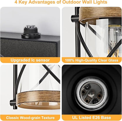 OKELI Dusk to Dawn Outdoor Wall Lights Fixtures, Waterproof Exterior Lighting Fixtures with Photocell Sensor,Vintage Faux Wood Grain Metal Cage Lantern Outside Lights for Porch Patio House Garage